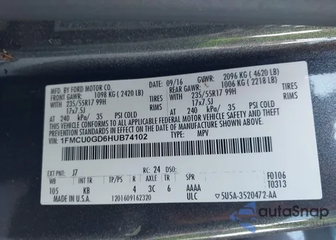 2017 Ford Escape Se z USA, uszkodzony, nr VIN 1FMCU0GD6HUB74102